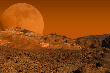 Mars gezegeni manzarası. Mars zemini, dağ ve kızıl gökyüzü, gelecekteki kozmik bilim arka planı. Bu görüntünün elementleri NASA tarafından desteklenmektedir
