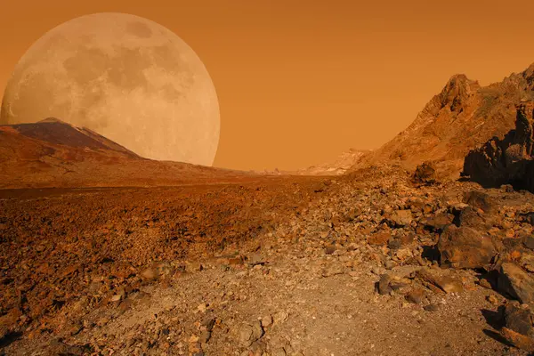 Red cosmic landscape. Mars planet scene with desert, stone, sand and sky background. Elements of this image furnished by NASA