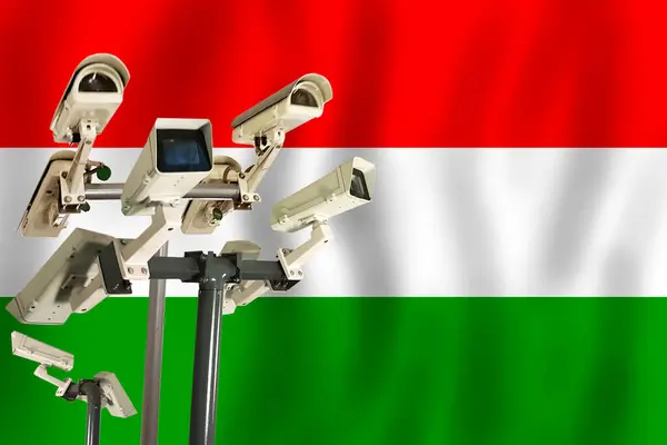 Hungarian CCTV camera on the flag of Hungary Surveillance, security, control and totalitarianism concept