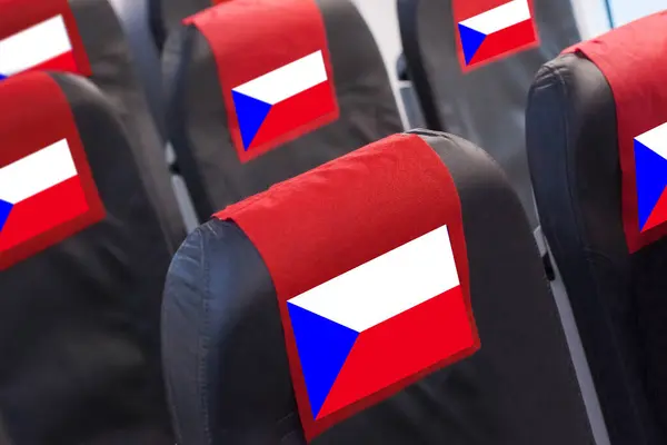 Empty seat in plane with Czech Flag. Travel, flight and transportration in Czech Republic concept