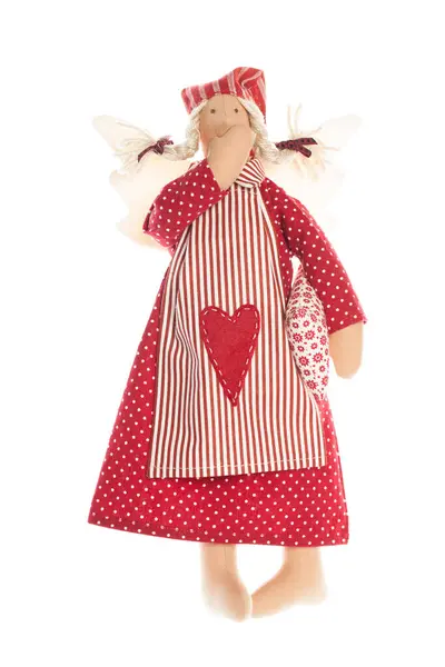 Handgefertigte Puppe Rotem Kleid Mit Herz Aus Rotem Baumwoll Leinenstoff — Stockfoto