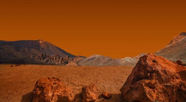 Red desert landscape background. Planet with rocky hills, mountains and red sky
