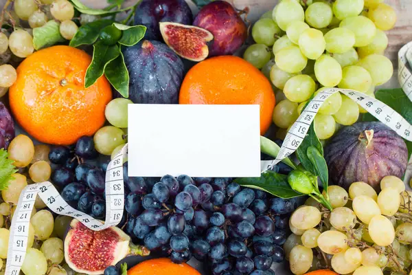 Fruit frame border with white card background. Healthy eating and diet concept