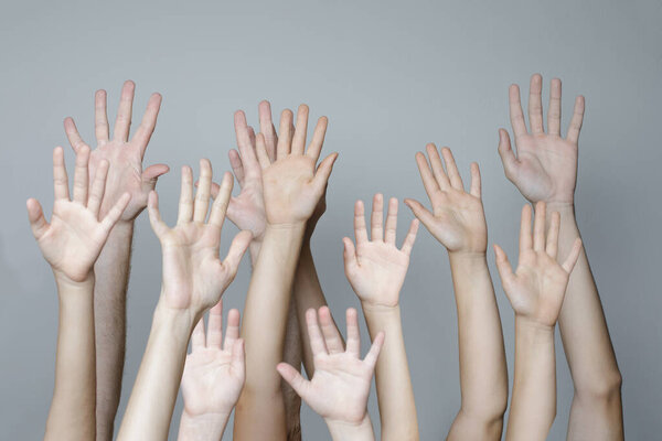Many hand palm up on gray background. Volunteer, people, support and agreement concept