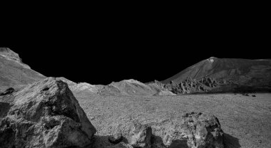 Çöl, taş ve kara gökyüzü ile ay manzarası