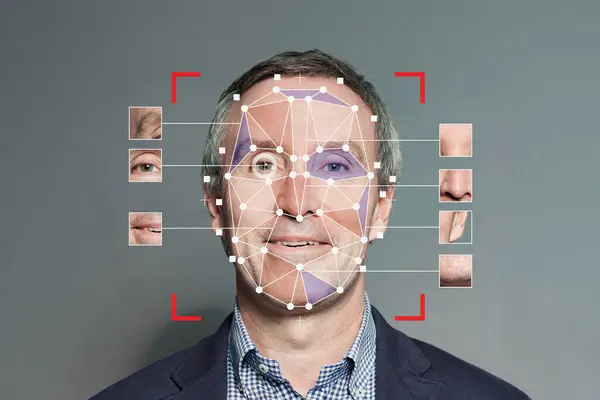 Ověřování Ověřování Rozpoznávání Obličejů Starší Osoba Technologie Biometrický Bezpečnostní Systém Stock Fotografie