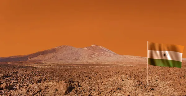 stock image Mars surface landscape with Indian flag