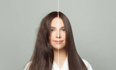 Tedavi öncesi ve sonrası saç örnekleri, düzleştirme ve şekillendirme. Saç bakımı konsepti