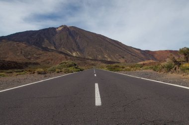 Teide Ulusal Parkı 'nda boş bir yol. Tenerife, Kanarya Adaları, İspanya