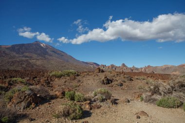 Volkanik arazi büyük bir dağın yanında.