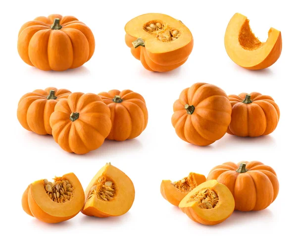Set Fresh Whole Half Sliced Pumpkins Isolated White Background — Stock Photo, Image