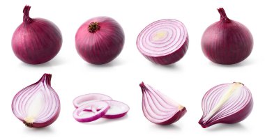 Set of various whole and sliced red onions isolated on white background clipart