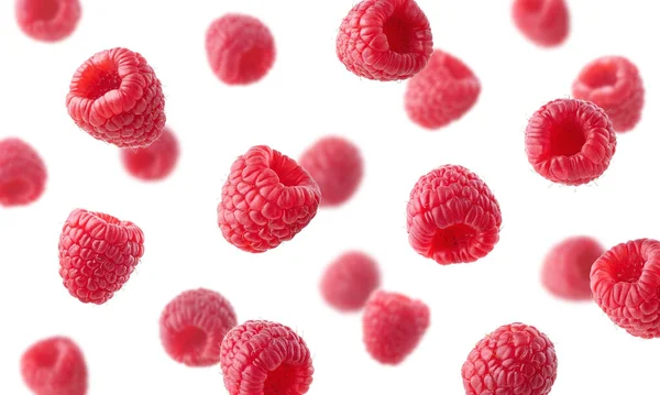 Collection Various Falling Fresh Raspberries Isolated White Background — Stock Photo, Image