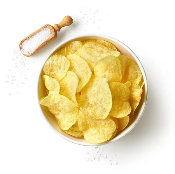 Bol Chips Croustillantes Croustillantes Avec Sel Isolé Sur Fond Blanc — Photo
