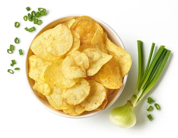 Bol Chips Croustillantes Chips Avec Saveur Oignon Printemps Isolé Sur — Photo