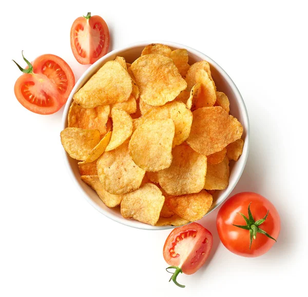 Bol Chips Croustillantes Croustilles Avec Saveur Tomate Isolé Sur Fond — Photo