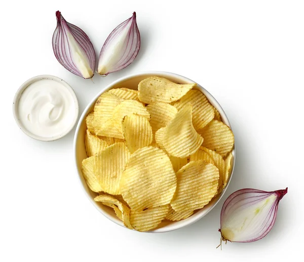 Bol Chips Pommes Terre Ondulées Croustillantes Croustillantes Crème Sure Saveur — Photo