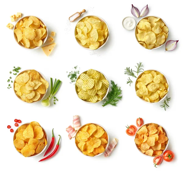 Set Collection Different Flavor Potato Chips Crisps Bowls Fresh Ingredients — Zdjęcie stockowe