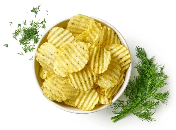 Bowl Crispy Wavy Potato Chips Crisps Dill Flavor Isolated White — Photo