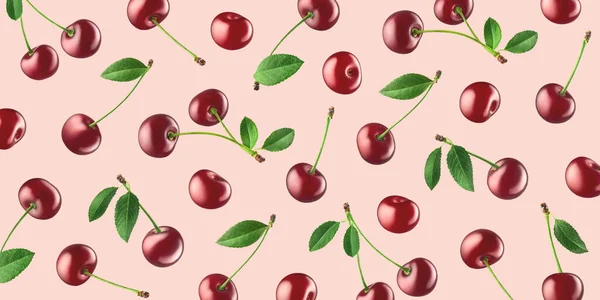 Patrón Fruta Cerezas Rojas Maduras Frescas Sobre Fondo Rosa Claro —  Fotos de Stock