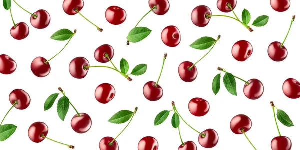 Patrón Fruta Cerezas Rojas Maduras Frescas Aisladas Sobre Fondo Blanco —  Fotos de Stock
