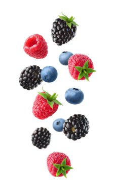 Collection of various falling fresh ripe wild berries isolated on white background. Raspberry, blackberry and blueberry.	
