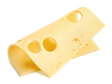 Beyaz arka planda bir dilim Maasdam peyniri.