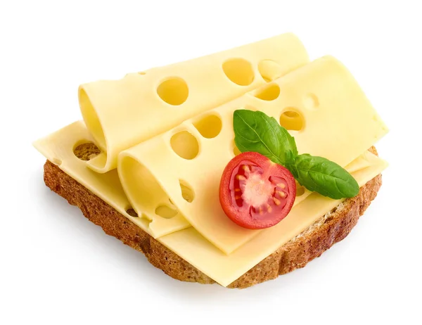 Chlebový Sendvič Plátky Sýra Maasdam Cherry Rajčaty Izolované Bílém Pozadí — Stock fotografie