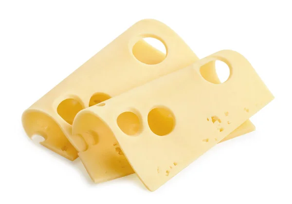 Zwei Gerollte Scheiben Maasdam Käse Isoliert Auf Weißem Hintergrund — Stockfoto
