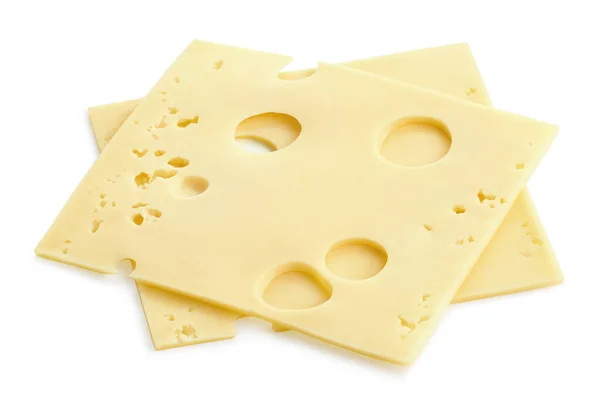 Zwei Scheiben Maasdam Käse Auf Weißem Hintergrund — Stockfoto