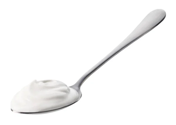 Stříbrná Lžička Čerstvého Řeckého Jogurtu Izolované Bílém Pozadí — Stock fotografie