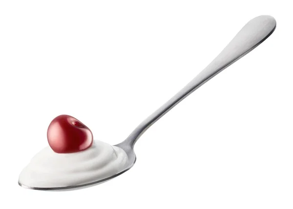 Kanál Friss Természetes Görög Joghurt Cseresznye Elszigetelt Fehér Alapon — Stock Fotó