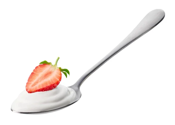 Łyżka Świeżego Jogurtu Greckiego Truskawki Izolowane Białym Tle — Zdjęcie stockowe