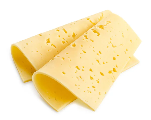Zwei Scheiben Gefalteten Schweizer Käse Isoliert Auf Weißem Hintergrund — Stockfoto