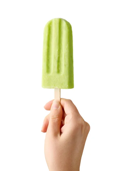 Frau Hand Hält Grüne Frucht Eis Stiel Isoliert Auf Weißem — Stockfoto