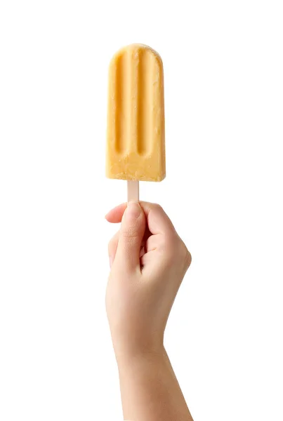 Woman Hand Holding Yellow Fruit Popsicle Isolated White Background Mango — Stock Photo, Image