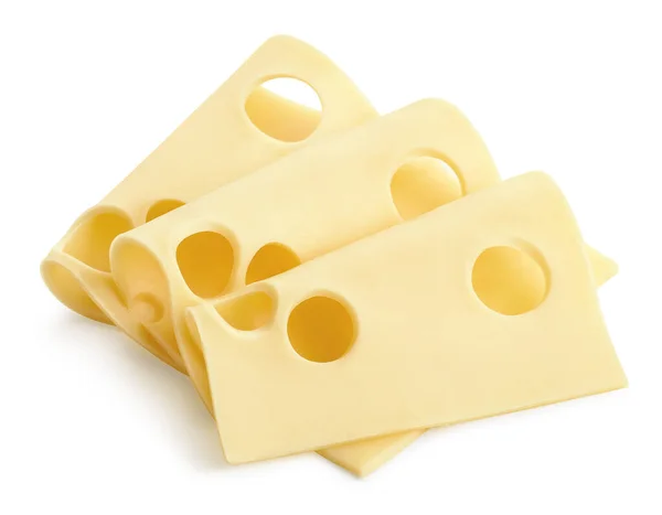 Drei Maasdam Käsescheiben Isoliert Auf Weißem Hintergrund — Stockfoto
