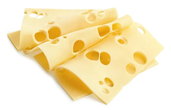 Drei Maasdam Käsescheiben Isoliert Auf Weißem Hintergrund — Stockfoto