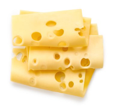 Beyaz arka planda üç Maasdam peyniri dilimi, üst manzara. 