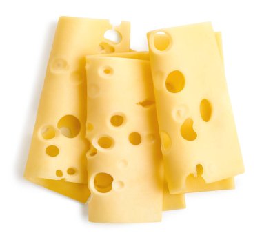 Beyaz arka planda üç Maasdam peyniri dilimi, üst manzara. 
