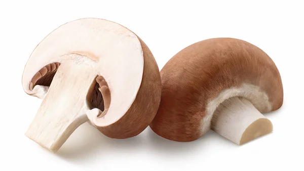 Two Fresh Brown Champignon Mushroom Halves Isolated White Background — Stock Photo, Image