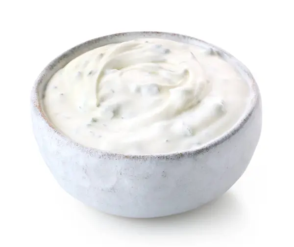 White Ceramic Bowl Fresh Sour Cream Dip Sauce Herbs Isolated — Stock Photo, Image