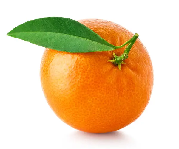 One Fresh Ripe Tangerine Mandarin Clementine Green Leaf Isolated White — Stock Photo, Image