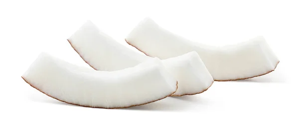 Три Красивых Свежих Кусочка Кокоса Ломтики Изолированы Белом Фоне — стоковое фото