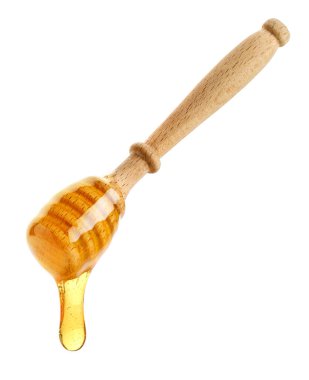 Wooden honey dipper with honey drop isolated on white background clipart