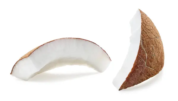 Dva Čerstvé Zralé Kokosové Kousky Izolované Bílém Pozadí — Stock fotografie