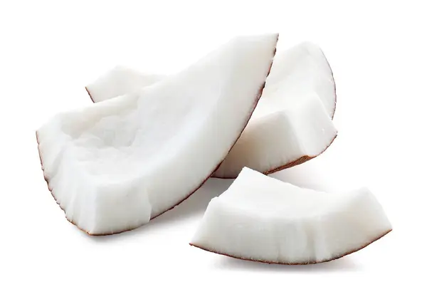 三块新鲜椰子片或切片 在白色背景上分离 免版税图库照片