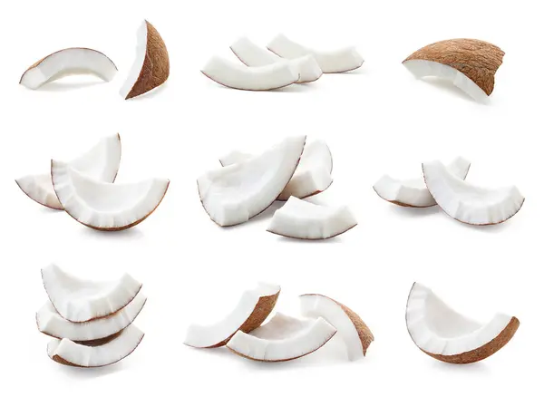 Set Verzameling Van Verschillende Groepen Stapels Verse Kokosstukjes Geïsoleerd Witte — Stockfoto