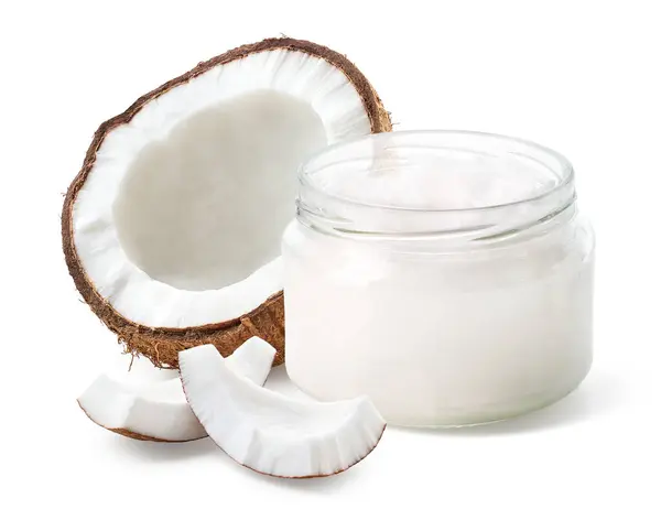 Open Glass Jar Coconut Oil Fresh Coconut Halve Pieces Isolated — Stock Photo, Image