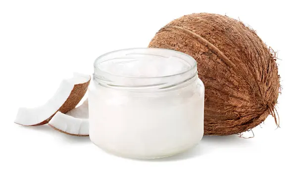 Open Glazen Pot Kokosolie Verse Hele Kokosnoot Stukjes Geïsoleerd Witte Stockfoto